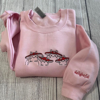 Delightful Mushroom Cats Embroidered Crewneck, Women's Embroidered Sweatshirts