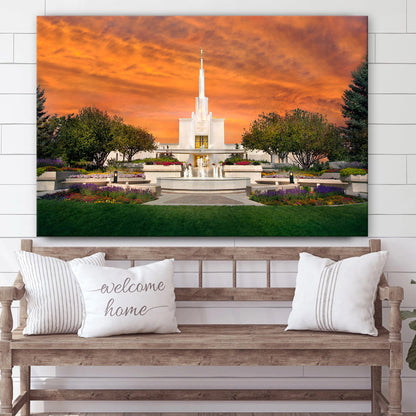 Denver Temple Orange Sky Canvas Wall Art - Jesus Christ Picture - Canvas Christian Wall Art