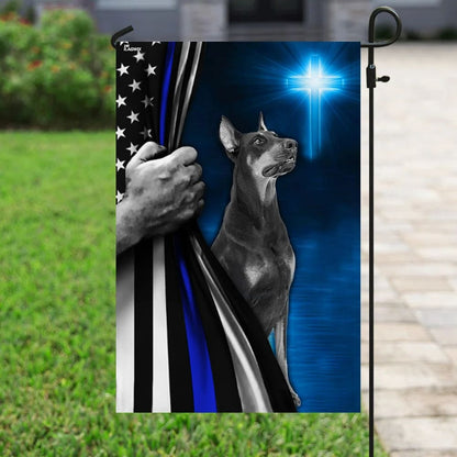 Dobermann Police Dog Thin Blue Line Christian Cross Flag - Outdoor Christian House Flag - Christian Garden Flags
