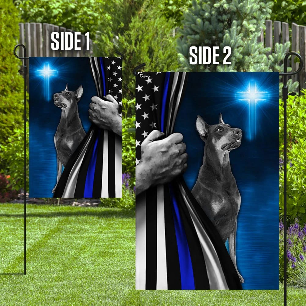 Dobermann Police Dog Thin Blue Line Christian Cross Flag - Outdoor Christian House Flag - Christian Garden Flags