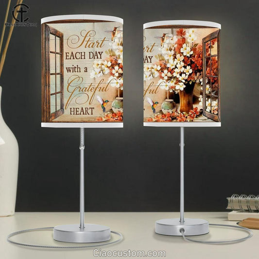 Dogwood Flower, Hummingbirds, Start Each Day With A Grateful Heart Table Lamp