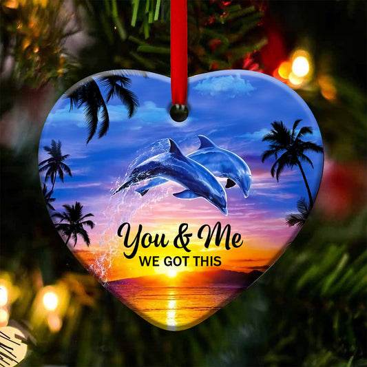 Dolphin Couple Sunset Heart Ceramic Ornament - Christmas Ornament - Christmas Gift