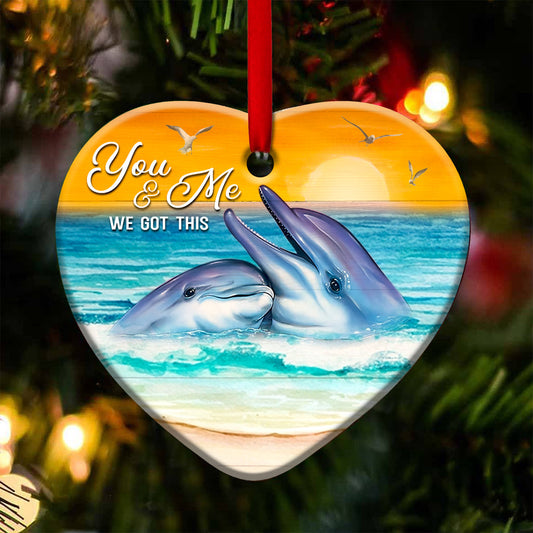 Dolphin Couple Sunset Wood Style Heart Ceramic Ornament - Christmas Ornament - Christmas Gift