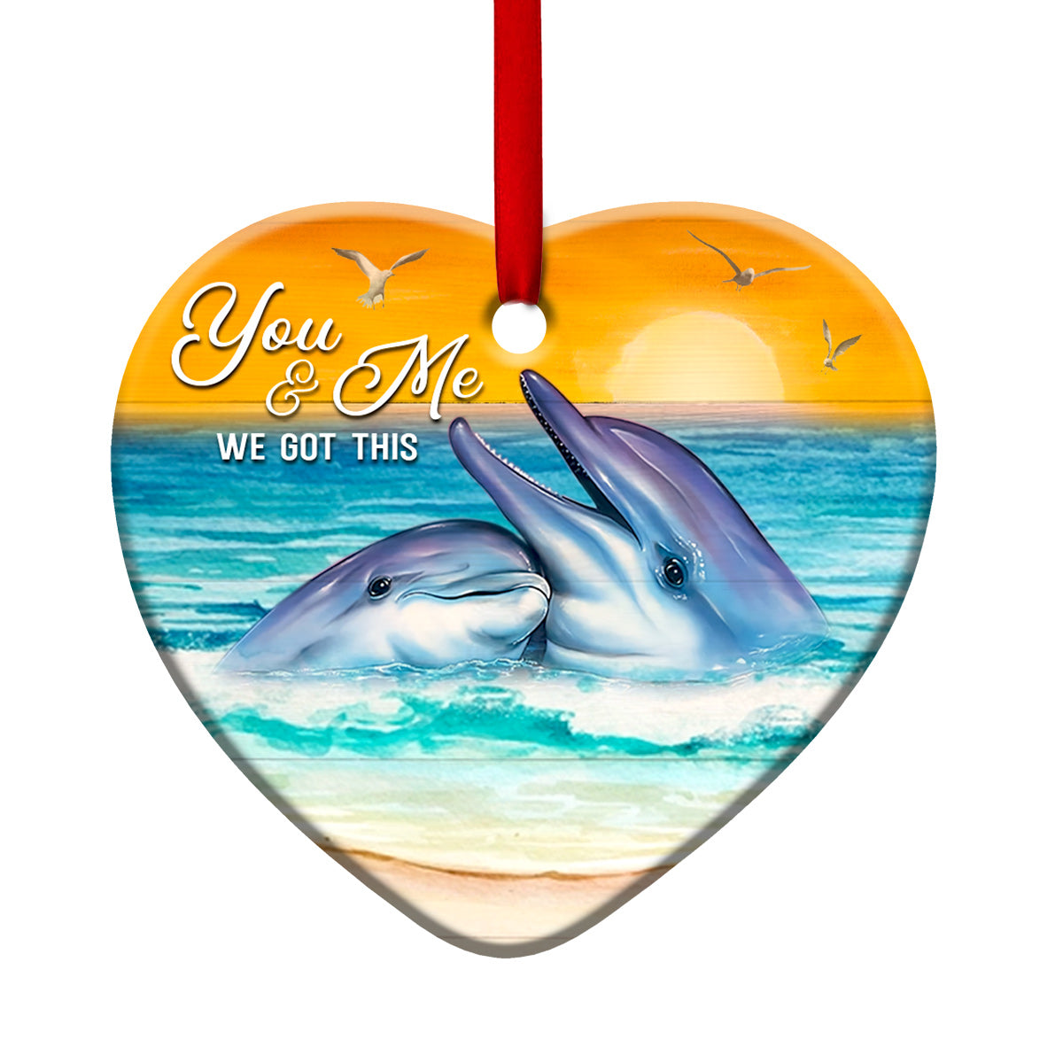 Dolphin Couple Sunset Wood Style Heart Ceramic Ornament - Christmas Ornament - Christmas Gift