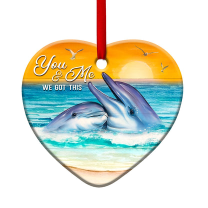 Dolphin Couple Sunset Wood Style Heart Ceramic Ornament - Christmas Ornament - Christmas Gift
