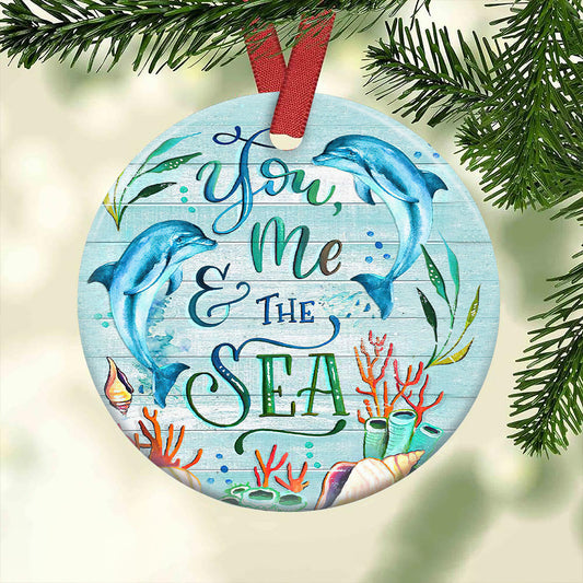 Dolphin Couple The Sea Wood Style Ceramic Circle Ornament - Decorative Ornament - Christmas Ornament