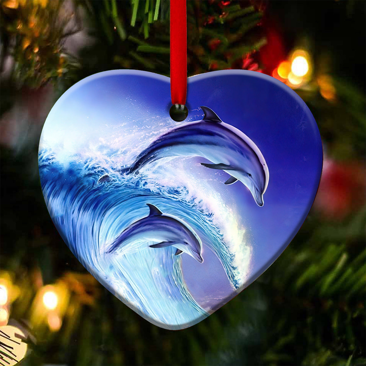 Dolphin Riding Wave Heart Ceramic Ornament - Christmas Ornament - Christmas Gift