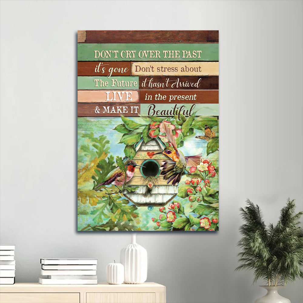 Don't Cry Over The Past Hummingbird Canvas Wall Art - Antique Birdhouse & Spring Forest Portrait Canvas