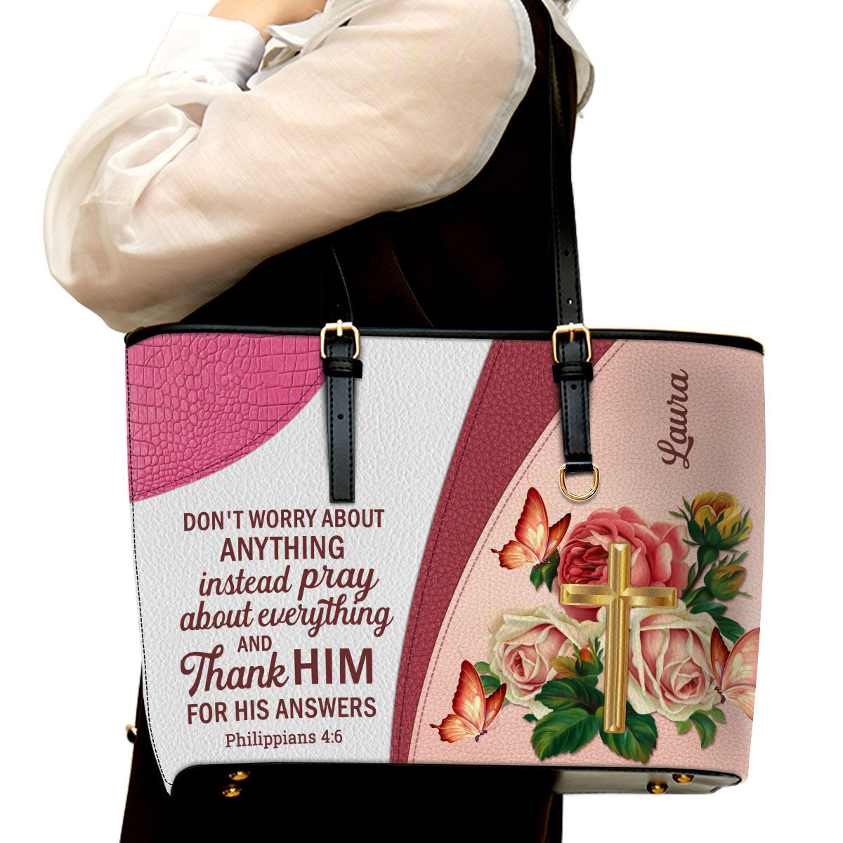 Don‘t Worry About Anything Personalized Large Leather Tote Bag - Christian Gifts For Women