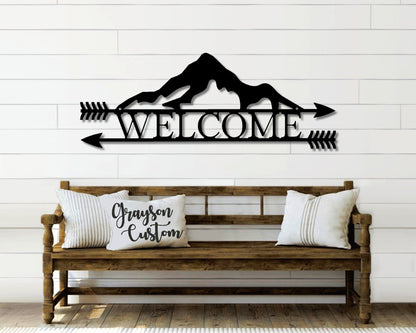 Double Arrow Mountain Range Welcome Sign - Rustic Metal Sign- Wedding Anniversary Housewarming Gift- Metal Wall Art - Farmhouse Decor