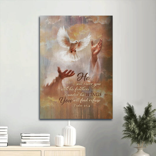 Dove Drawing Jesus's Hand He Will Cover You With His Feathers Canvas Wall Art - Christian Gift