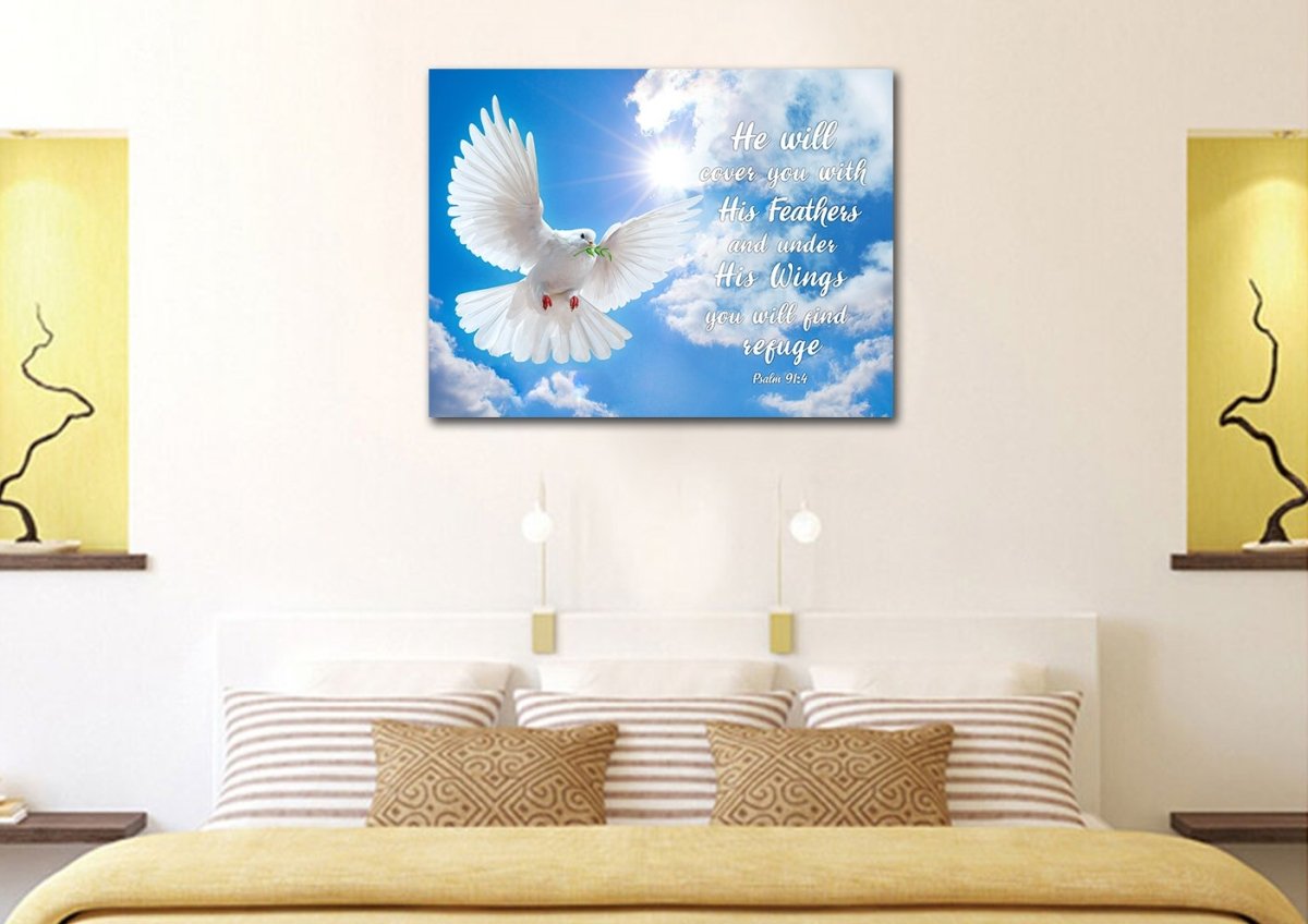 Dove Flying In The Sky On Psalm 914 Wall Art - Christian Canvas Wall Art