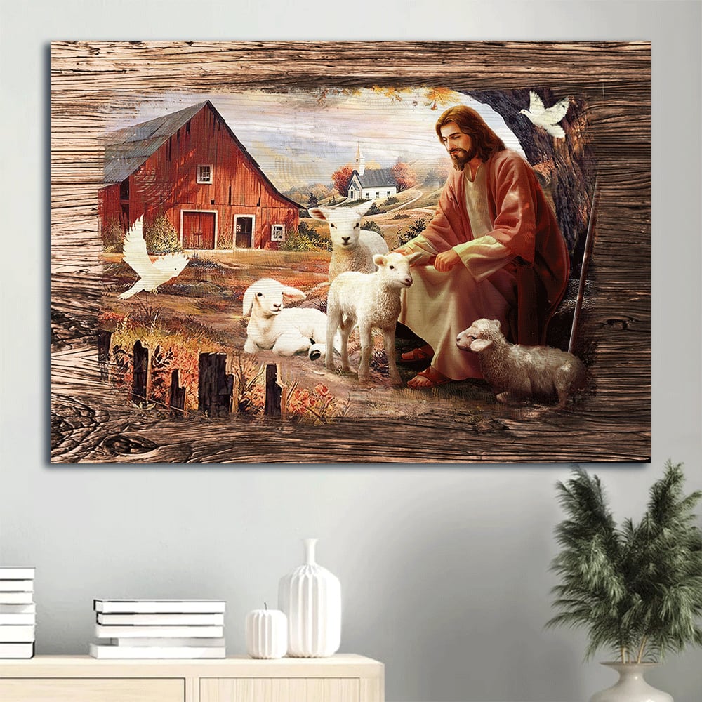 Dove Jesus Painting Peaceful Farm Sitting With The Lambs Canvas Wall Art - Christian Wall Decor