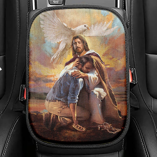 Dove Of Peace Sheltered In The Arms Of God Seat Box Cover, Bible Verse Car Center Console Cover, Christian Inspirational Car Interior Accessories