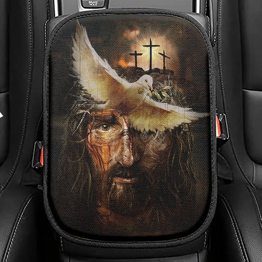 Dove With Olive Branch Three Wooden Crosses Jesus Seat Box Cover, Christian Car Center Console Cover, Bible Verse Car Interior Accessories