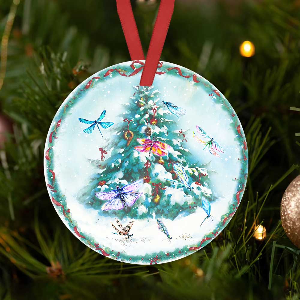 Dragonfly Christmas Ceramic Circle Ornament - Decorative Ornament - Christmas Ornament