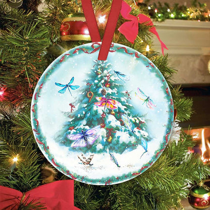 Dragonfly Christmas Ceramic Circle Ornament - Decorative Ornament - Christmas Ornament
