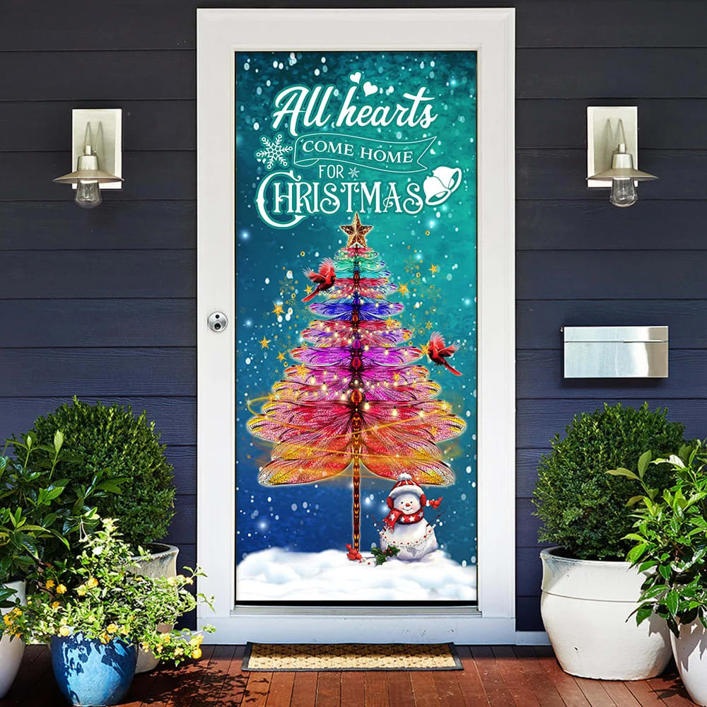 Dragonfly Christmas Door Cover - All Hearts Come Home For Christmas Door Cover - Christmas Outdoor Decoration
