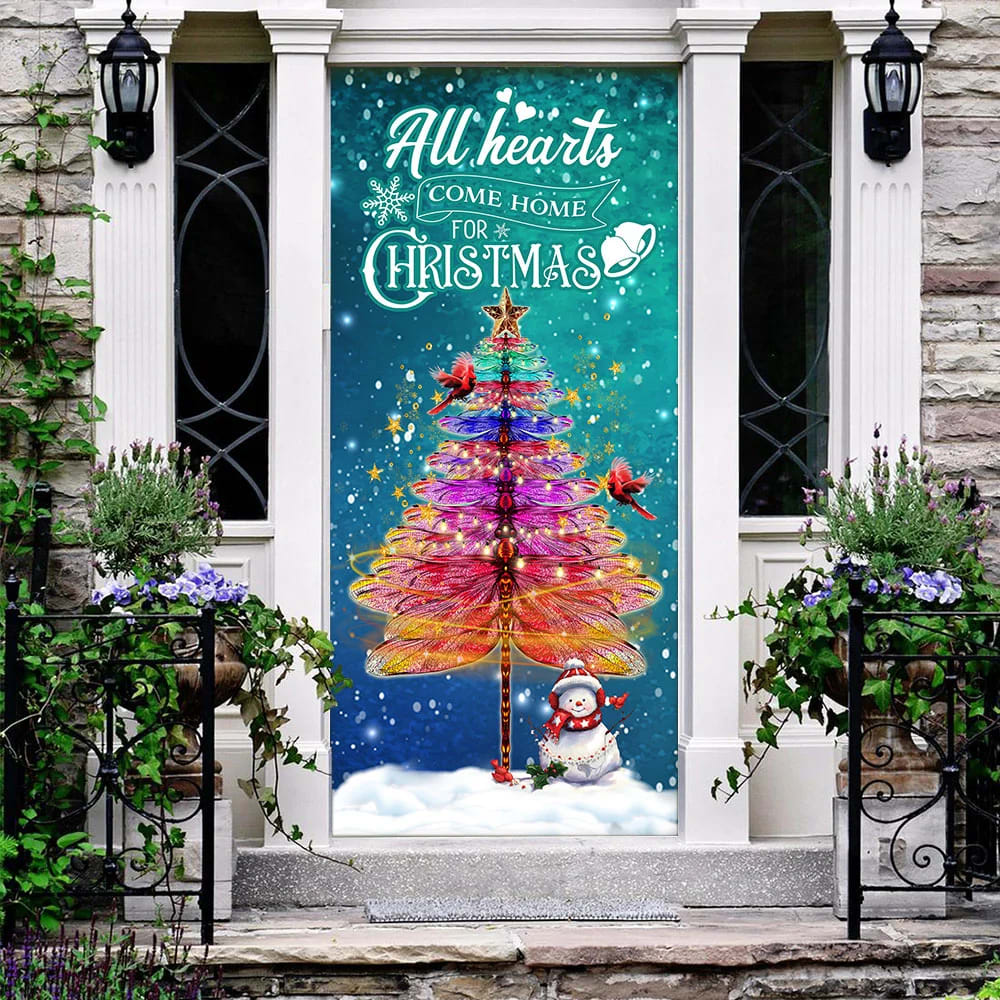 Dragonfly Christmas Door Cover - All Hearts Come Home For Christmas Door Cover - Christmas Outdoor Decoration