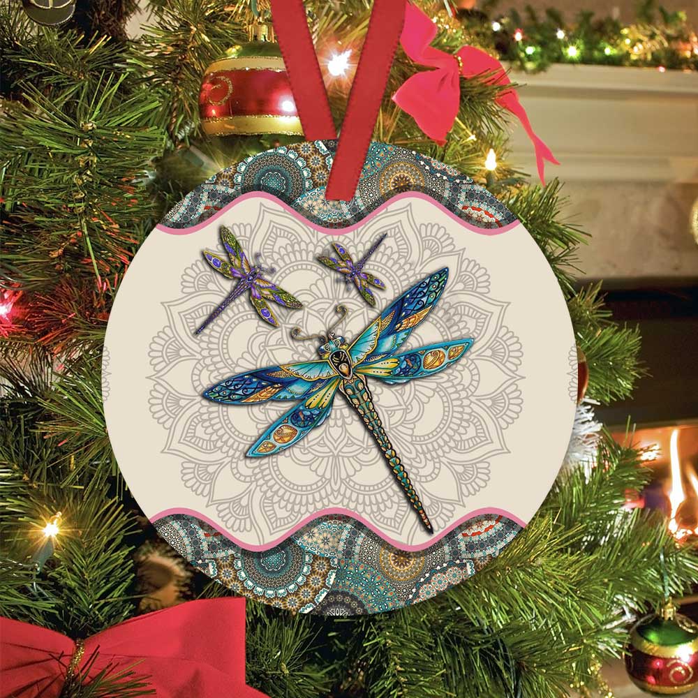 Dragonfly Mandala Ceramic Circle Ornament - Decorative Ornament - Christmas Ornament