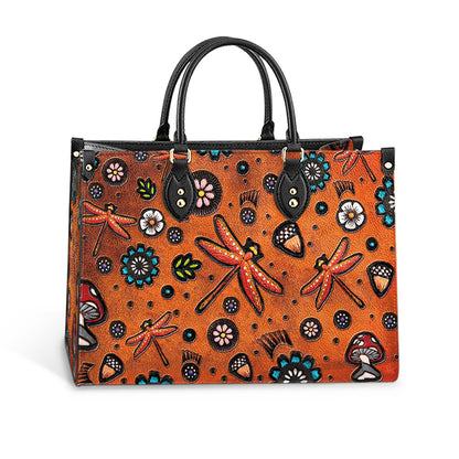 Dragonfly Mushrooms Flowers Pattern Style Leather Bag - Gifts Dragonfly Lovers - Women's Pu Leather Bag