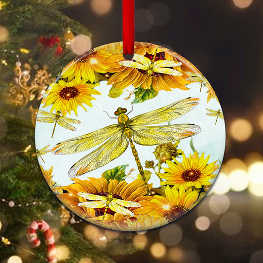 Dragonfly Sunflower Art Ceramic Circle Ornament - Decorative Ornament - Christmas Ornament