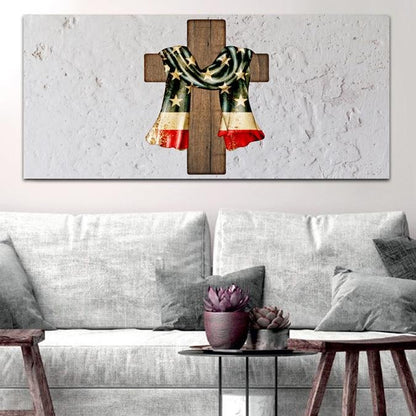 Draped Cross American Flag Patriotic Wall Art - Christian Canvas Wall Art