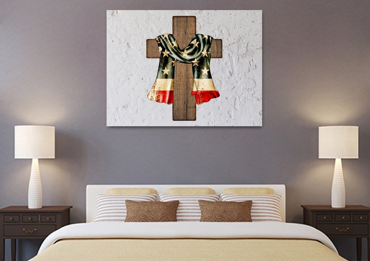 Draped Cross American Flag Patriotic Wall Art - Christian Canvas Wall Art