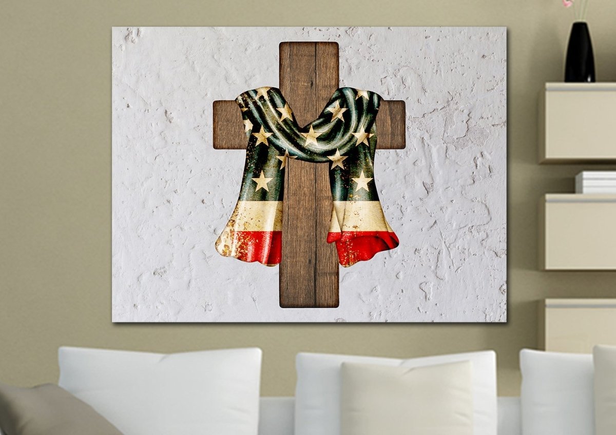 Draped Cross American Flag Patriotic Wall Art - Christian Canvas Wall Art