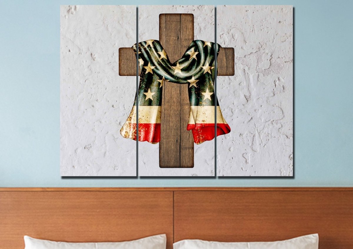 Draped Cross American Flag Patriotic Wall Art - Christian Canvas Wall Art