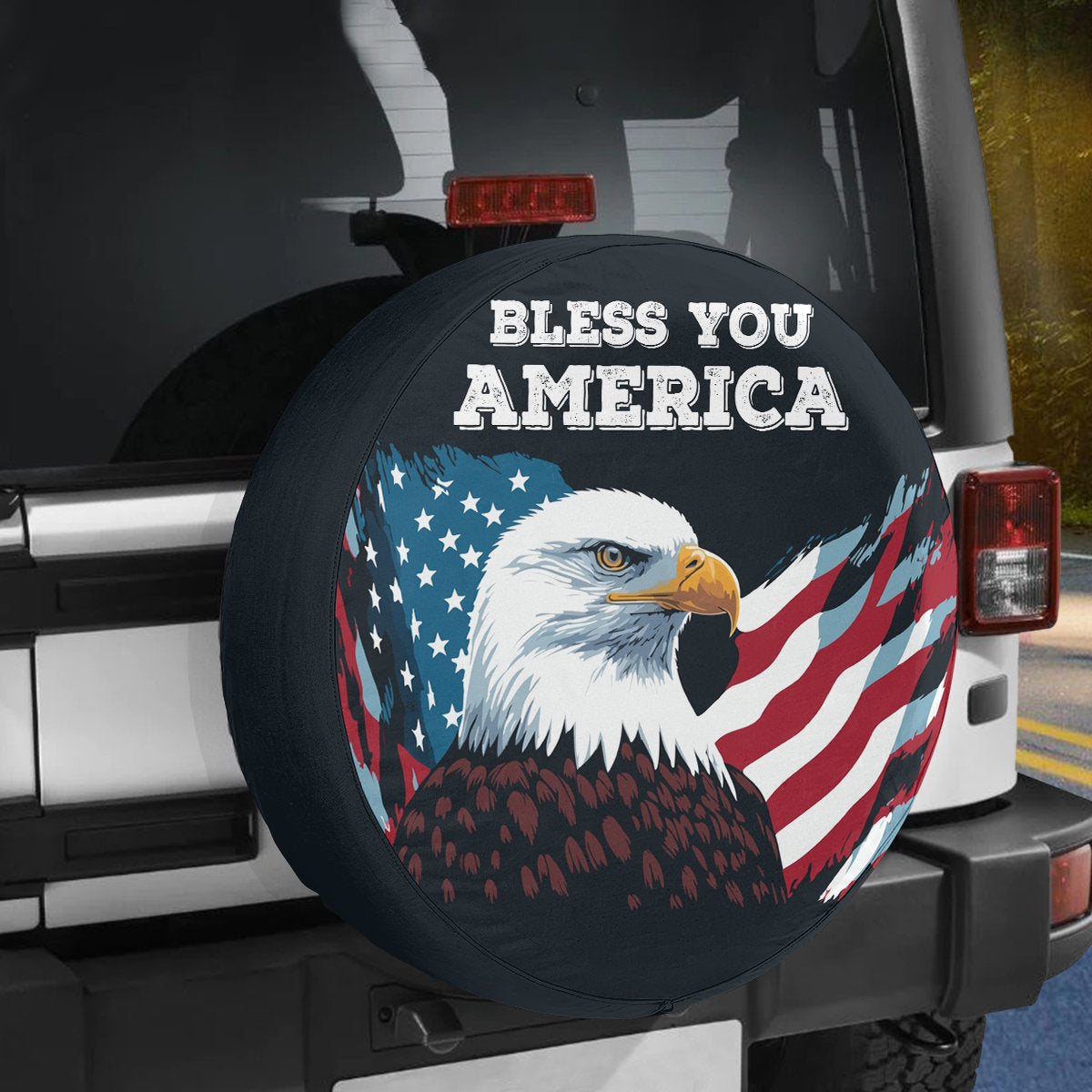 Eagle Bless You America Tire Cover - God Bless You Tire Cover - American Flag Spare Tire Cover