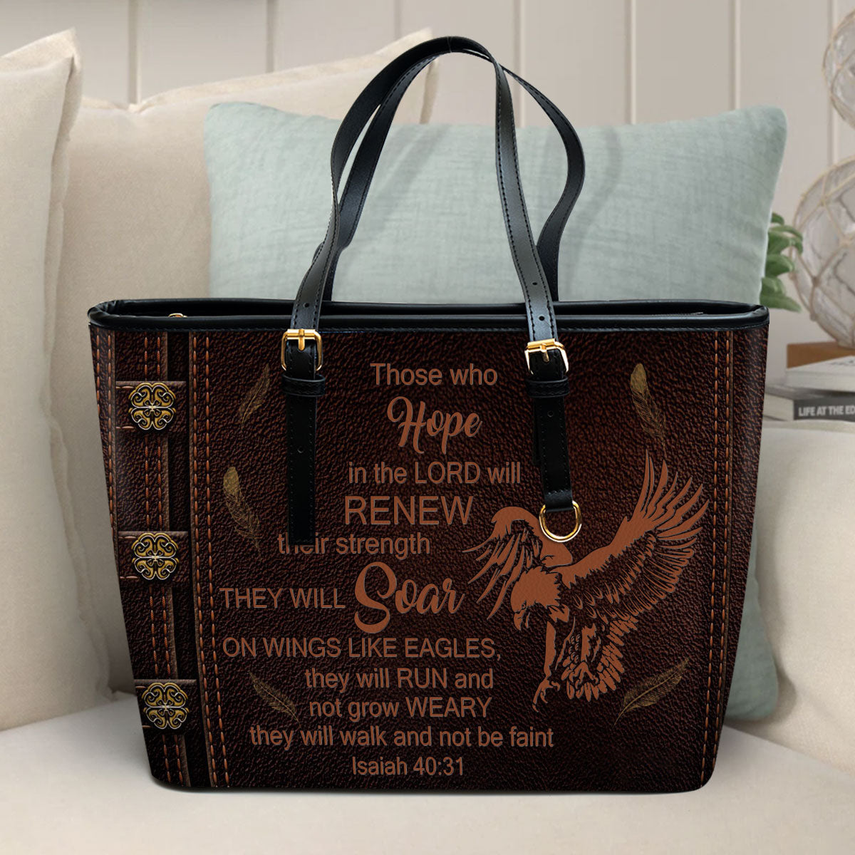 Eagle They Will Run And Not Grow Weary Large Leather Tote Bag - Christ Gifts For Religious Women - Best Mother's Day Gifts