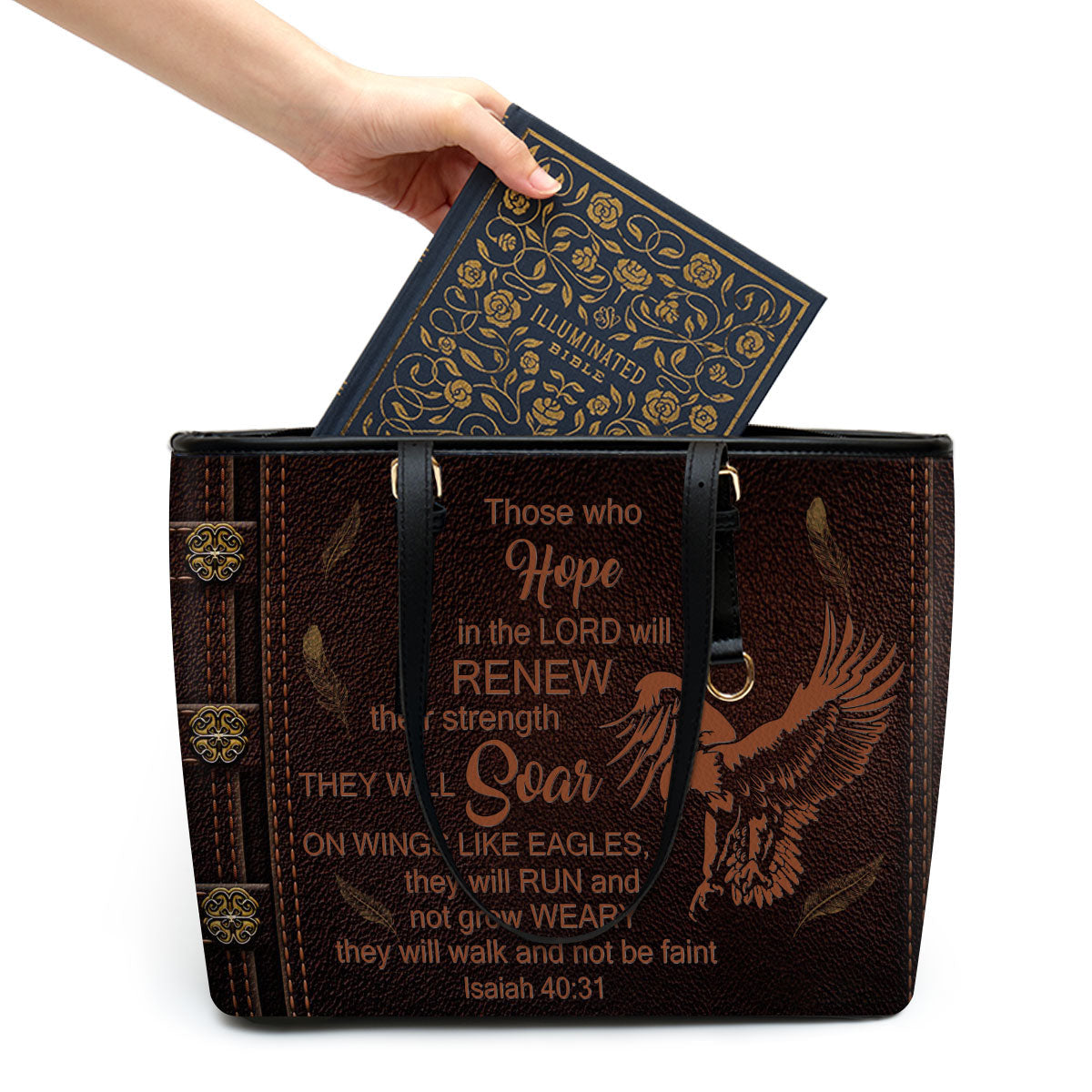 Eagle They Will Run And Not Grow Weary Large Leather Tote Bag - Christ Gifts For Religious Women - Best Mother's Day Gifts
