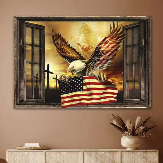 Eagle Through The Windows Jesus American Flag Canvas Wall Art - Christian Poster - Religious Wall Decor