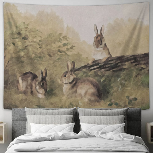 Rabbits On A Log Tapestry - Christian Easter Tapestry - Wall Hanging Tapestry - Religious Tapestry Wall Hangings - Bible Tapestry - Ciaocustom