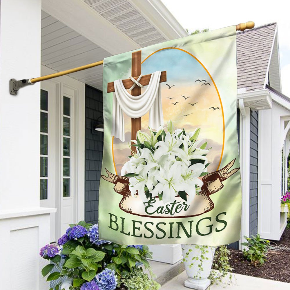 Easter Blessings Cross With Lily Christian Flag - Religious Easter House Flags - Easter Garden Flags