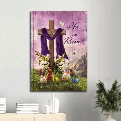 Easter Bunny Cross Symbol Lily Flower White Butterfly Purple Silk He Is Risen Canvas Wall Art - Christian Gift