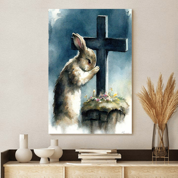 Easter Bunny Praying Easter Decorations - Jesus Canvas Pictures - Christian Wall Art