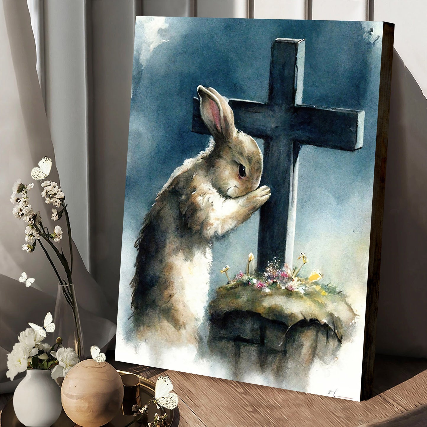 Easter Bunny Praying Easter Decorations - Jesus Canvas Pictures - Christian Wall Art