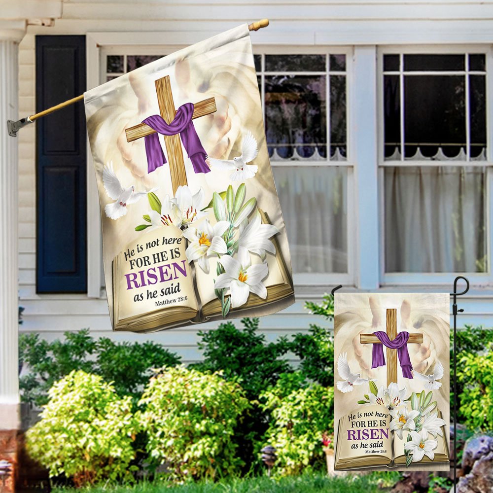 Easter Christ Cross With Lily Flag - He Is Not Here For He Is Risen Flag - Religious Easter House Flags - Easter Garden Flags