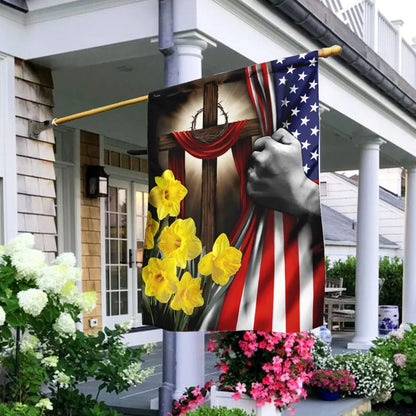 Easter Daffodils Christian Cross American US Flag - Easter House Flags - Christian Easter Garden Flags