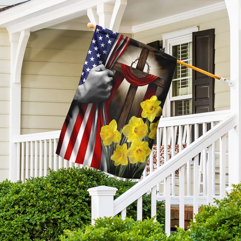 Easter Daffodils Christian Cross American US Flag - Easter House Flags - Christian Easter Garden Flags