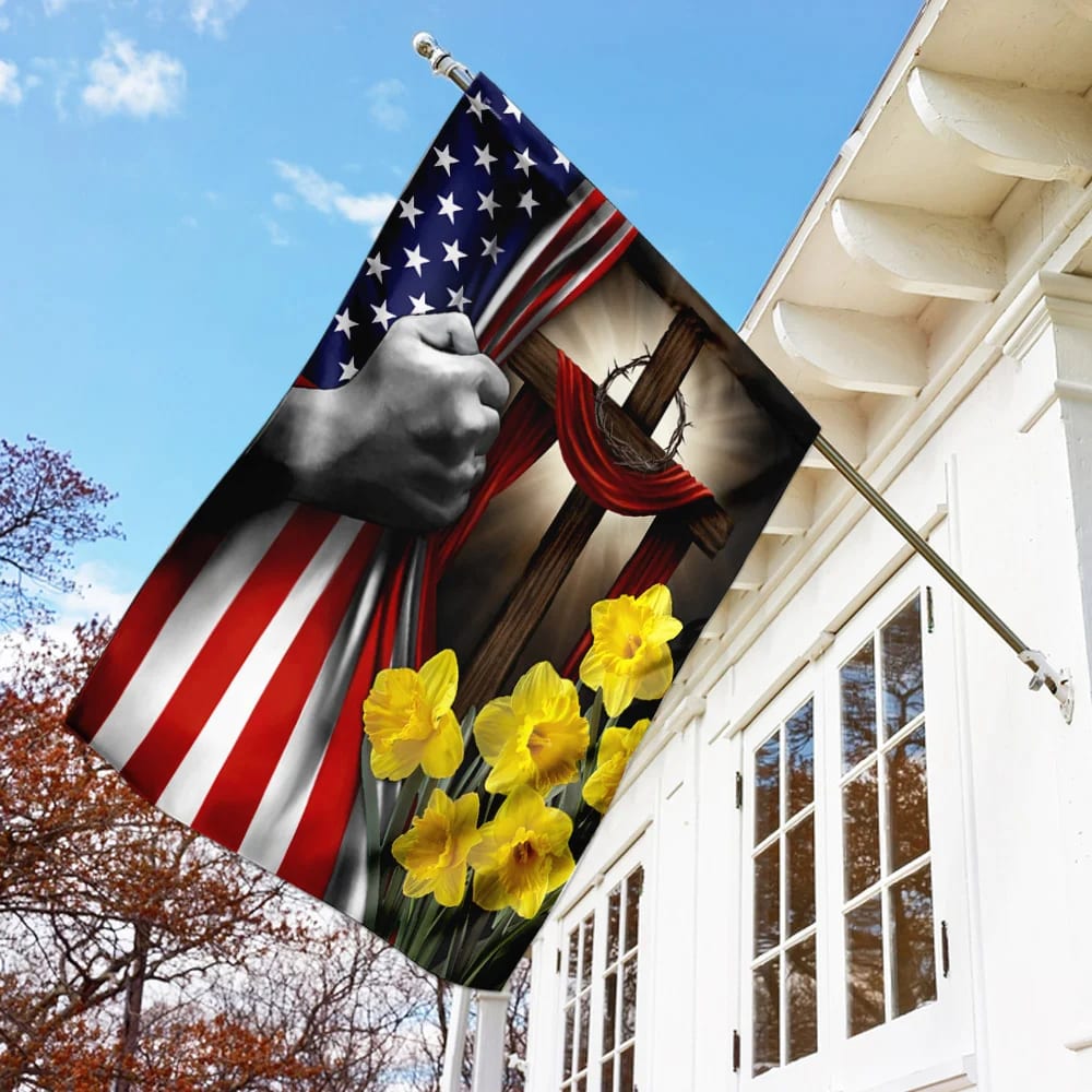 Easter Daffodils Christian Cross American US Flag - Easter House Flags - Christian Easter Garden Flags