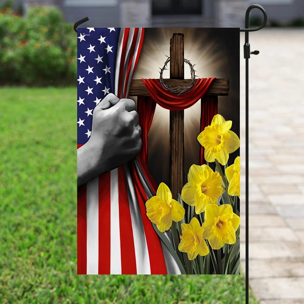 Easter Daffodils Christian Cross American US Flag - Easter House Flags - Christian Easter Garden Flags