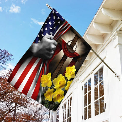 Easter Daffodils Christian Cross American US Flag - Outdoor Christian House Flag - Christian Garden Flags