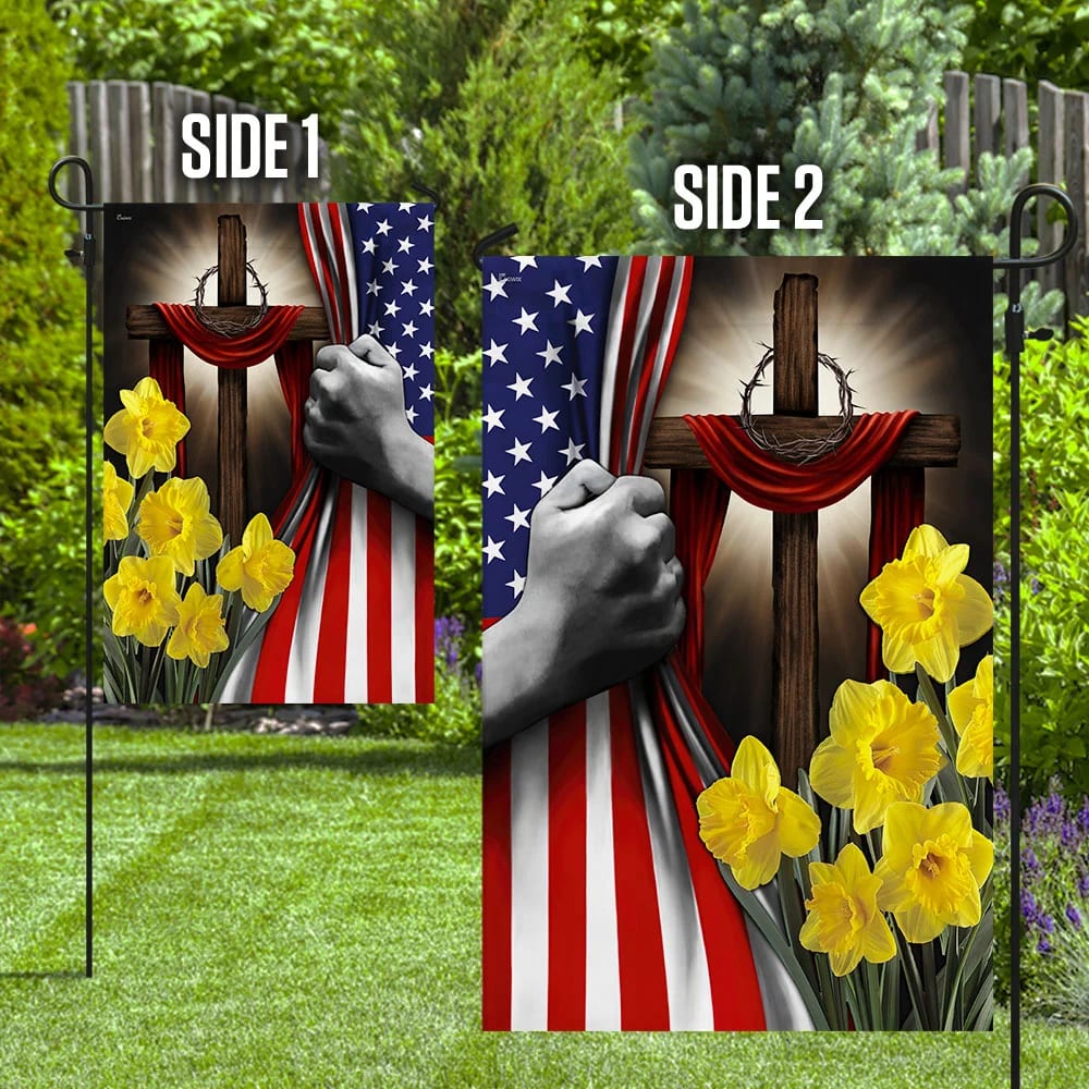 Easter Daffodils Christian Cross American US Flag - Outdoor Christian House Flag - Christian Garden Flags