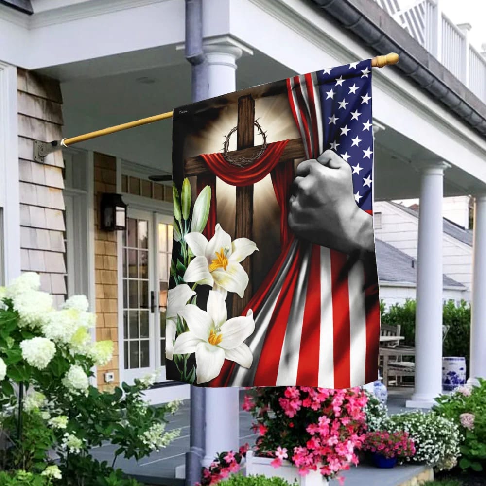 Easter Lilies Christian Cross American US Flag - Easter House Flags - Christian Easter Garden Flags