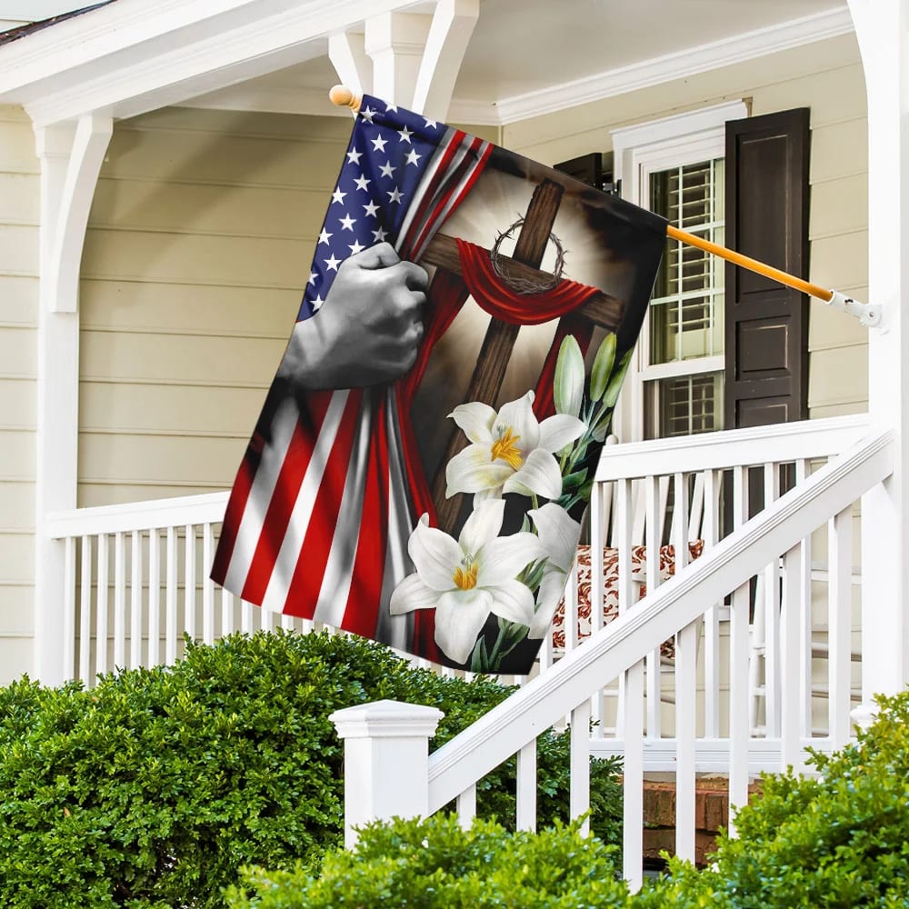 Easter Lilies Christian Cross American US Flag - Easter House Flags - Christian Easter Garden Flags