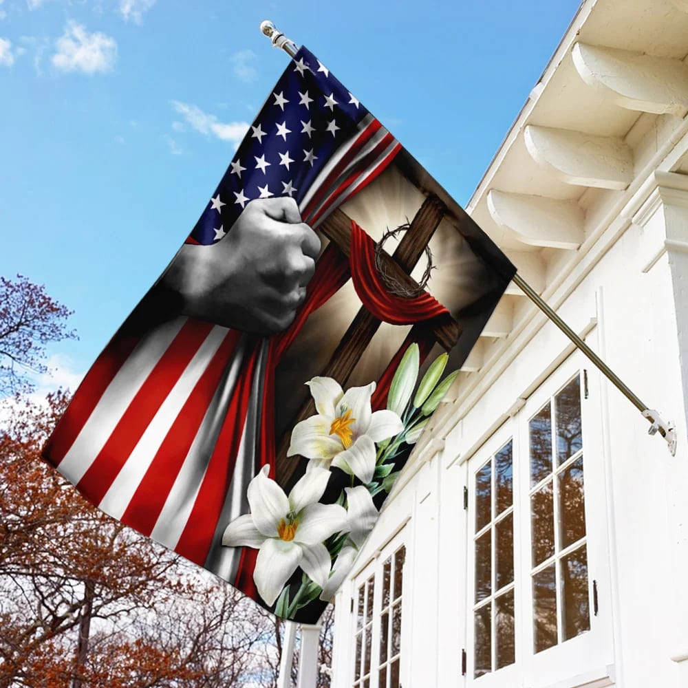Easter Lilies Christian Cross American US Flag - Easter House Flags - Christian Easter Garden Flags