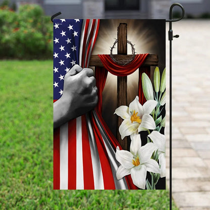 Easter Lilies Christian Cross American US Flag - Easter House Flags - Christian Easter Garden Flags